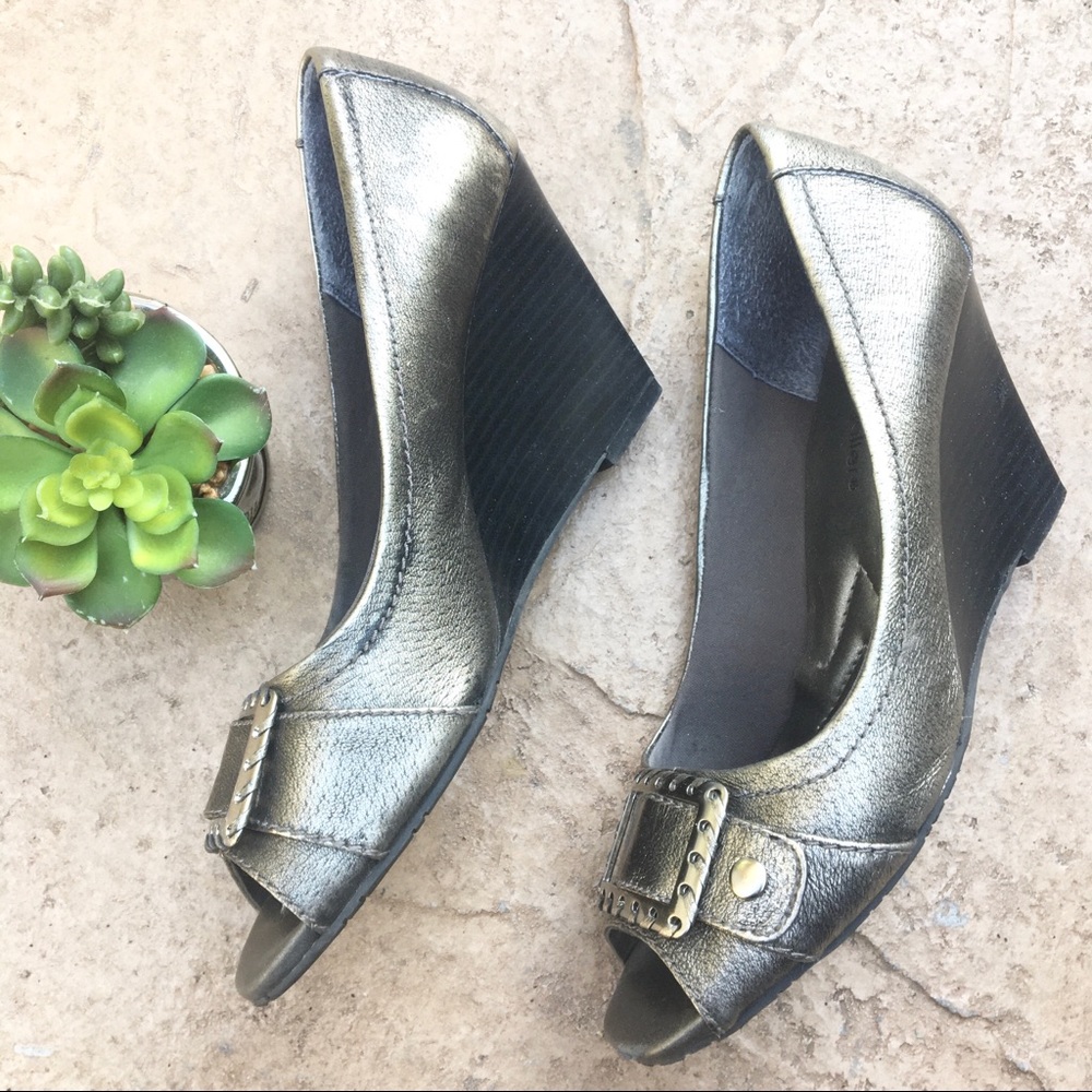 Andrew Geller pewter Always peep toe wedge buckle